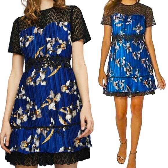 Foxiedox Carmella Pleated Mini Dress Floral Print Iris Lace Fit & Flare Blue 6 - Picture 1 of 9